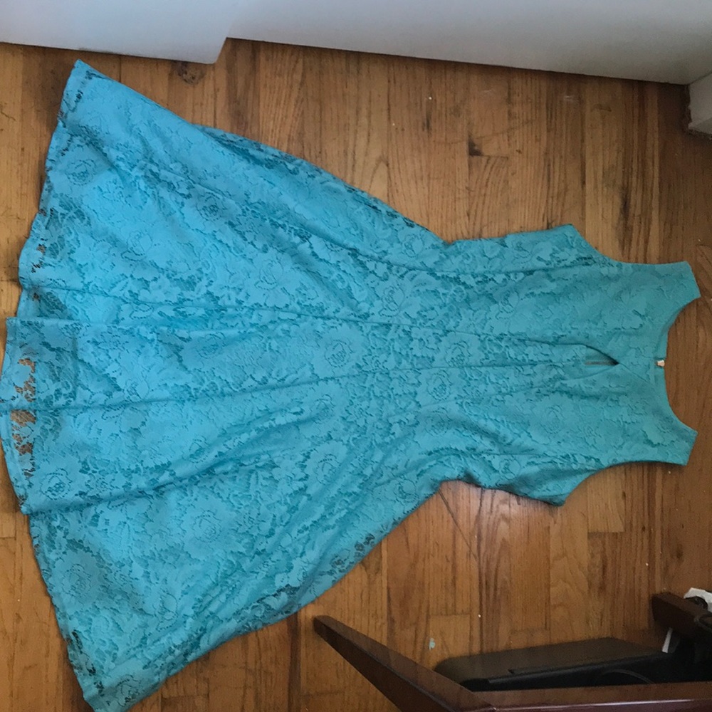 A sky blue lace skater dress
